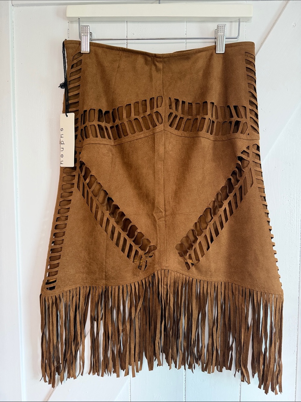 Women's Brown Suede Fringe A-Line Skirt by